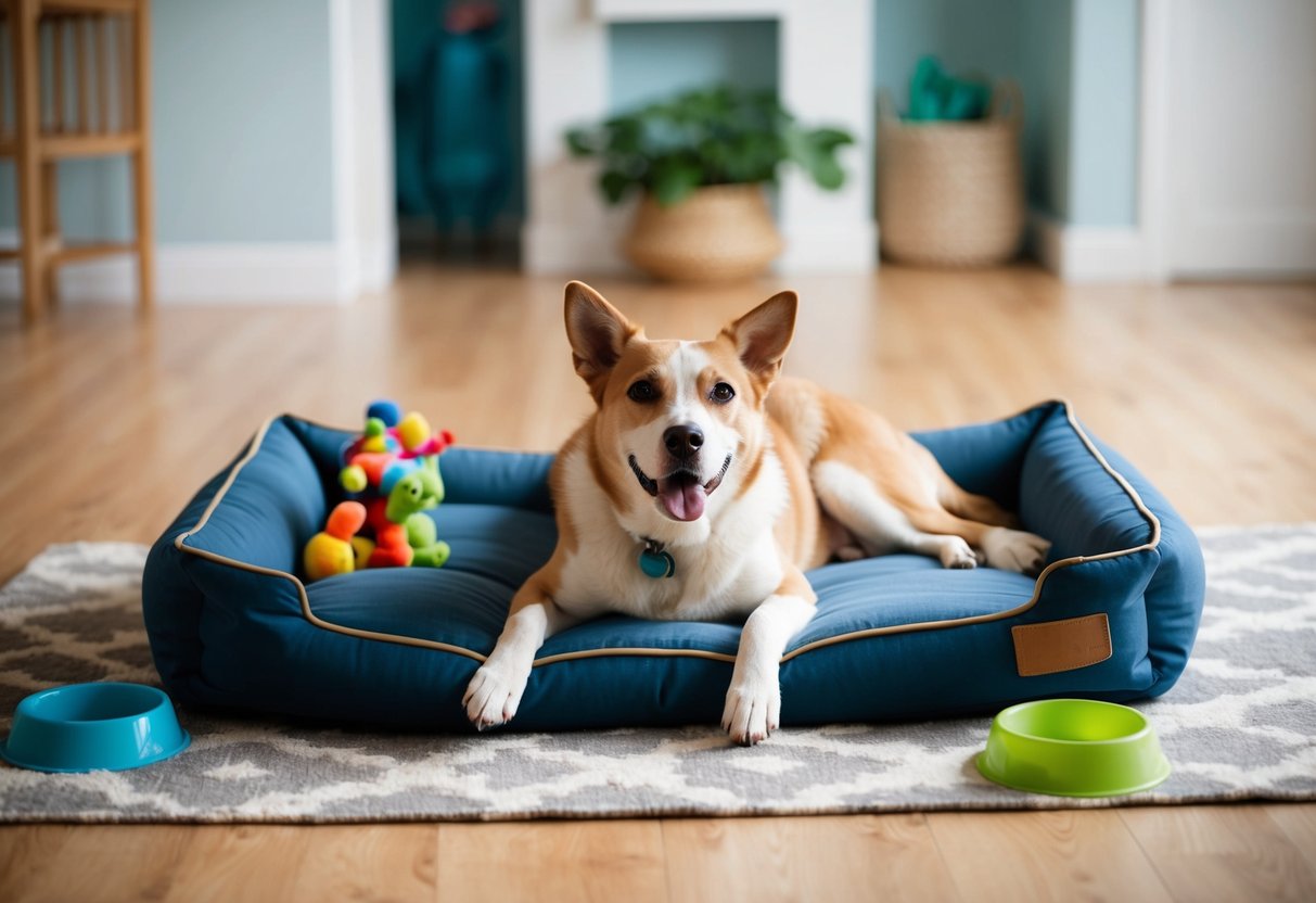 A contented dog lounges on a comfortable bed, surrounded by toys and with a full food and water bowl nearby
