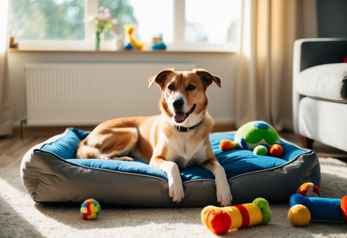 A contented dog lounges in a cozy living room, surrounded by toys and a comfortable bed, while sunlight streams in through the window