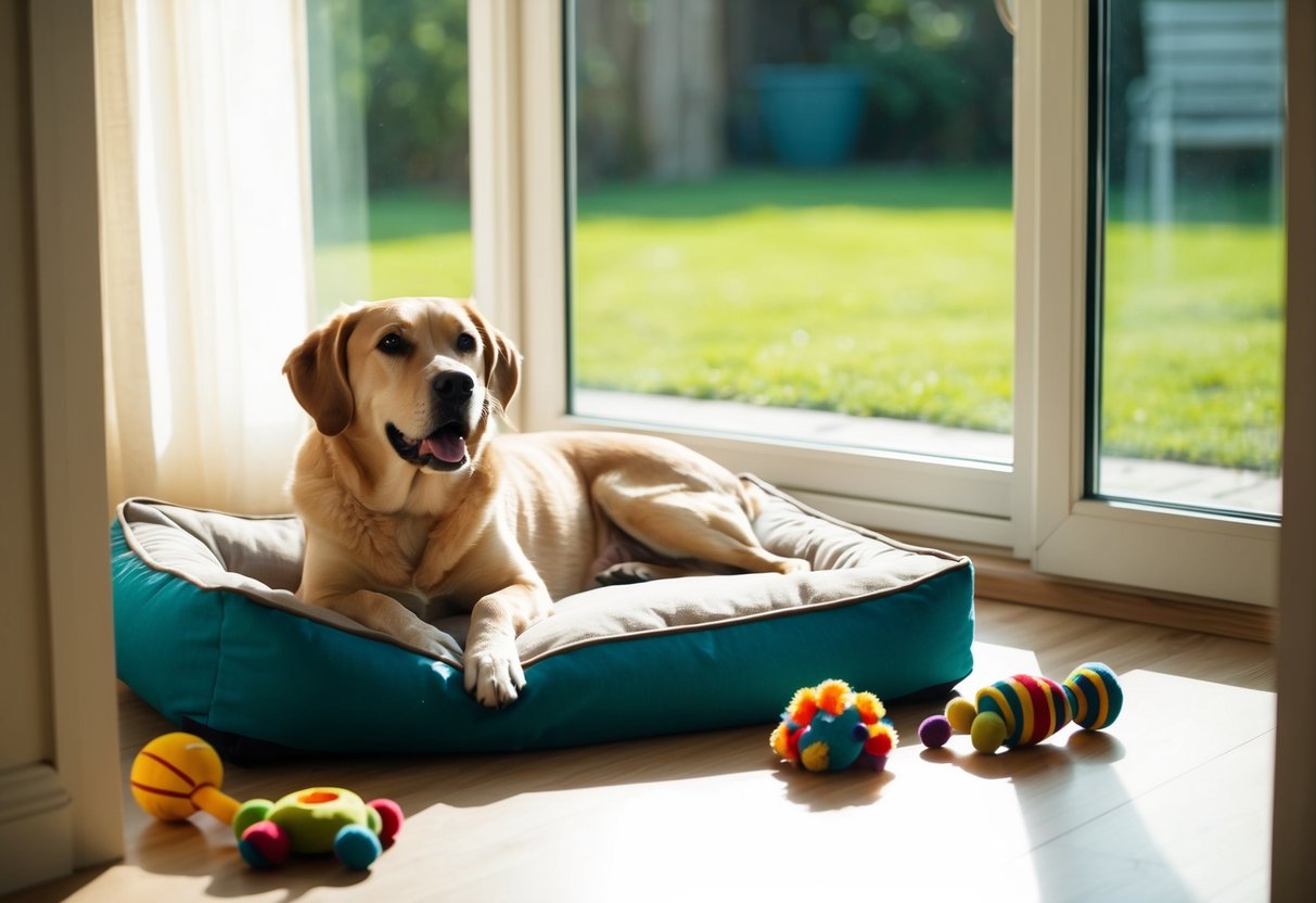 A contented dog lounges in a cozy, sunlit living room, surrounded by toys and a comfortable bed, as a window looks out onto a peaceful backyard