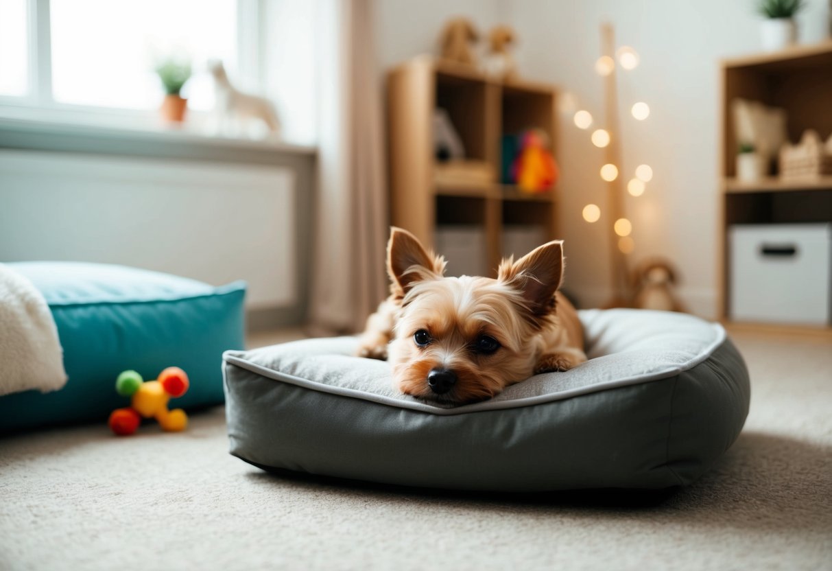 A small, calm dog rests alone in a cozy, well-lit room with toys and a comfortable bed