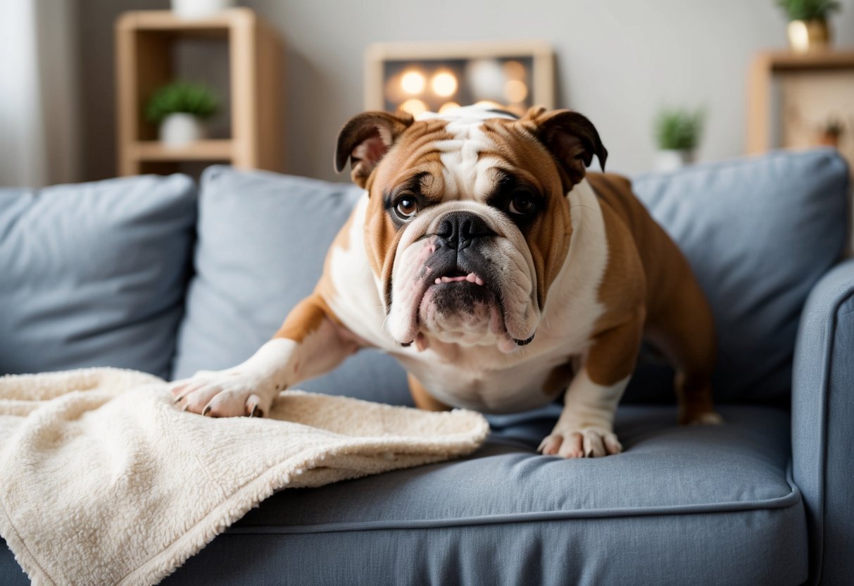 A grumpy bulldog scowls while pushing away a blanket on a cozy couch