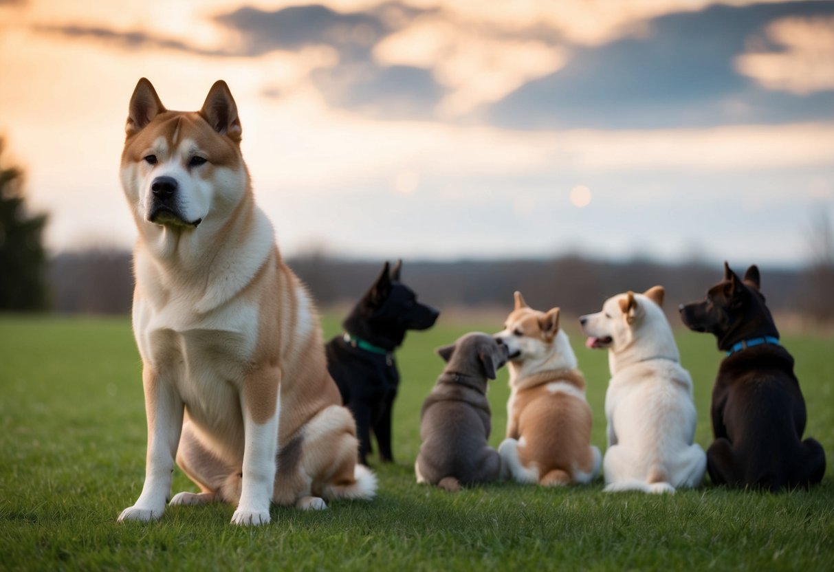 A stoic Akita sits alone, gazing off into the distance, uninterested in the nearby group of cuddling dogs