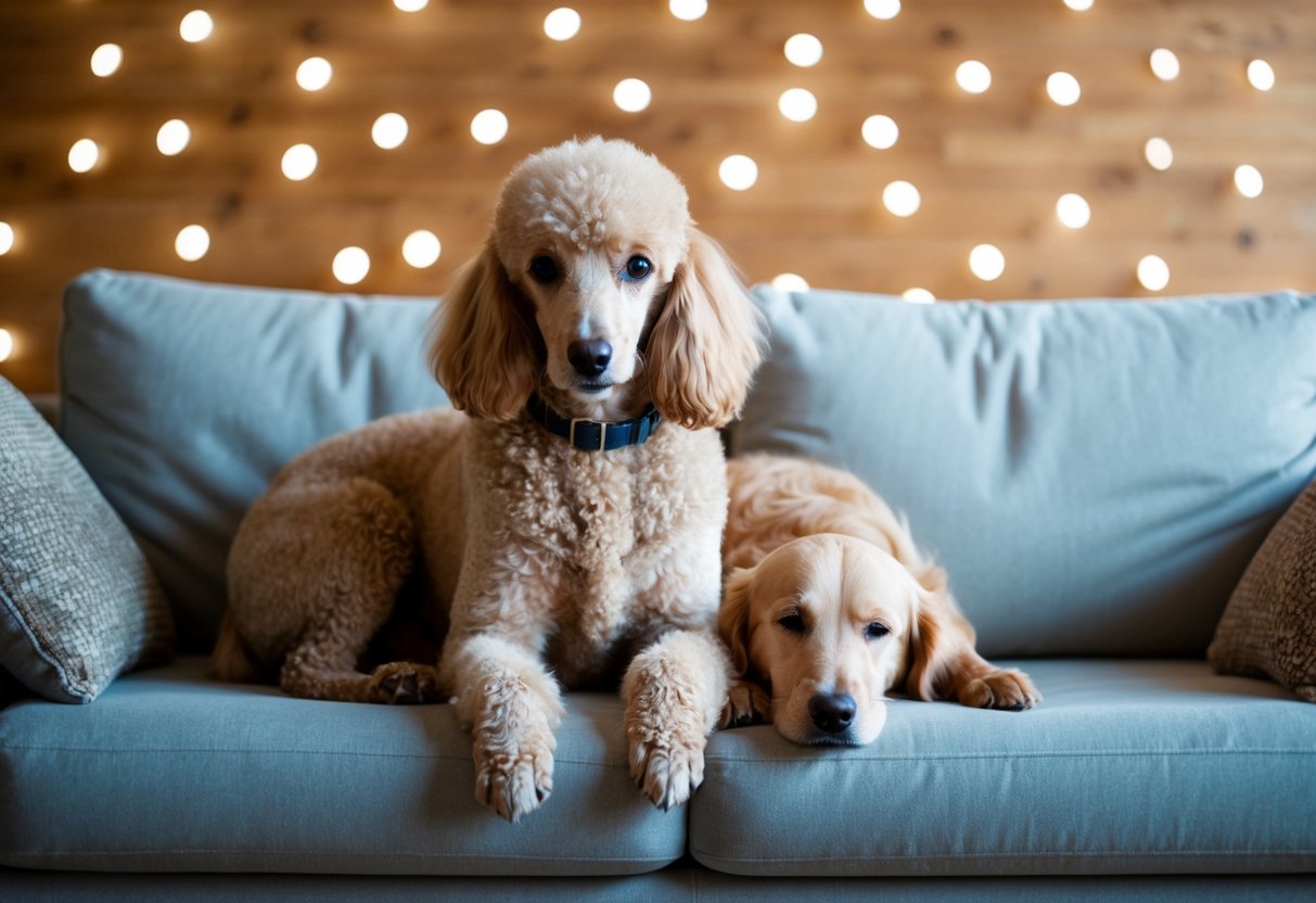 A poodle sits stiffly on a couch, avoiding a snuggling golden retriever