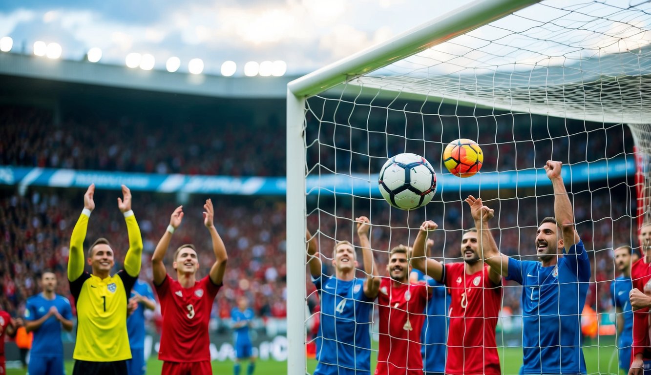 Sebuah bola sepak terbang ke dalam jaring gawang, dikelilingi oleh penggemar yang bersorak