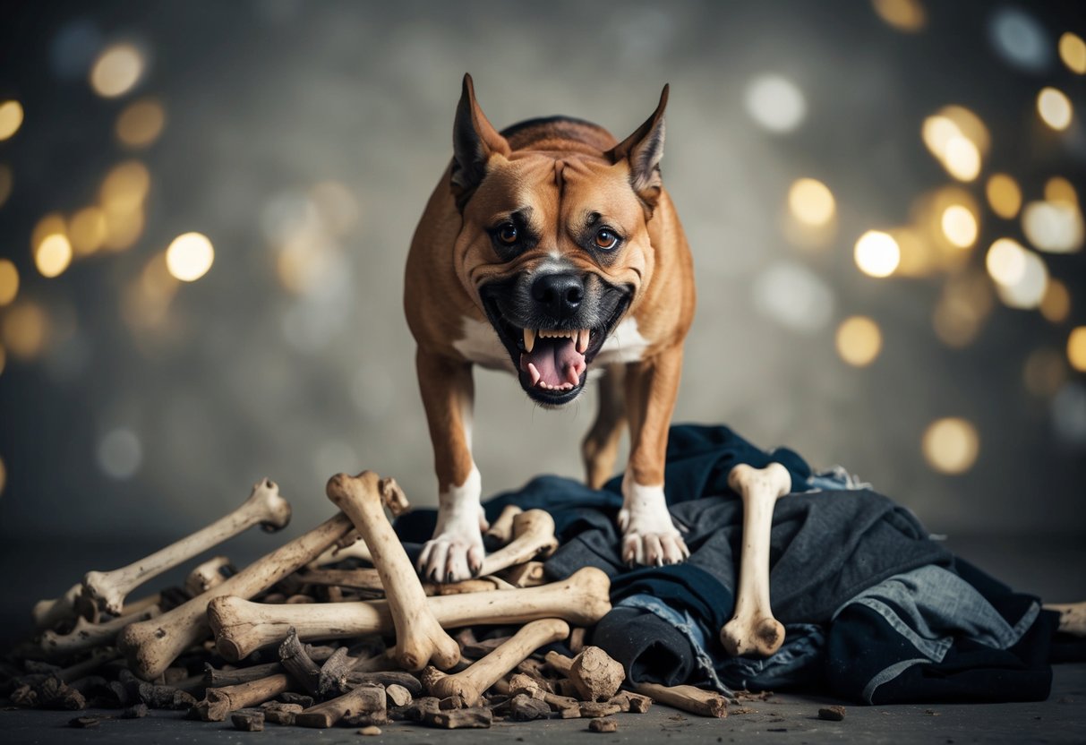A snarling, aggressive dog stands over a pile of bones and torn clothing, with a menacing look in its eyes