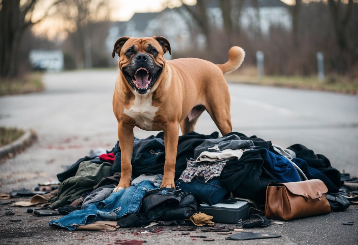 A snarling, large dog stands over a pile of torn clothing and scattered belongings, blood spattered on the ground
