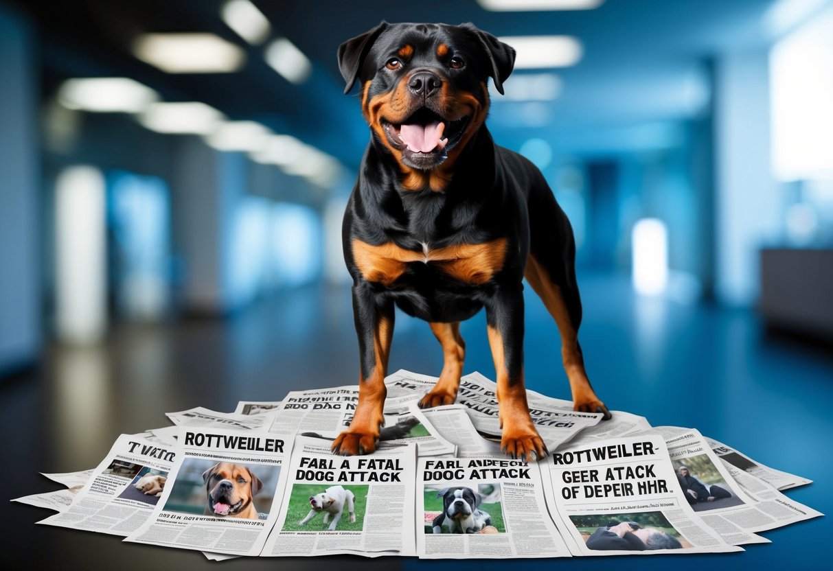 A snarling rottweiler stands atop a pile of newspaper clippings, each headline detailing a fatal dog attack