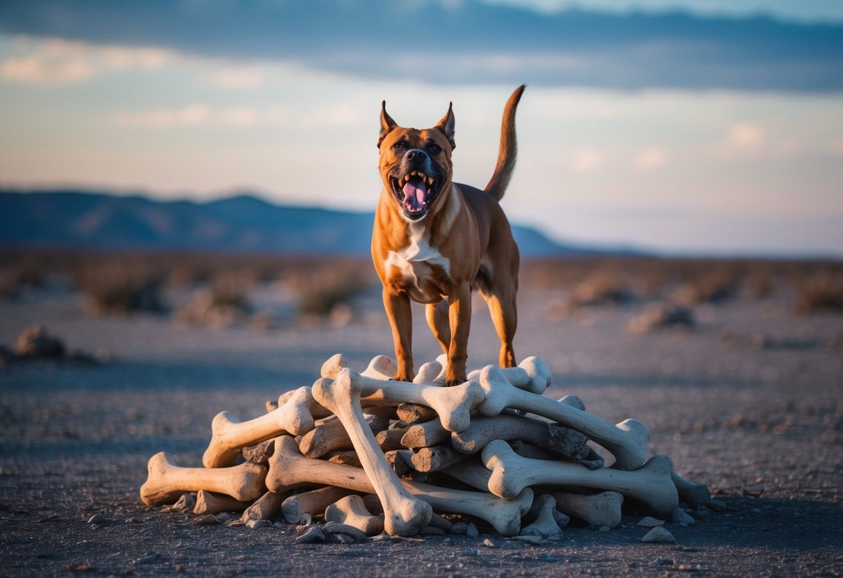 A snarling, aggressive dog stands atop a pile of bones, surrounded by a desolate landscape