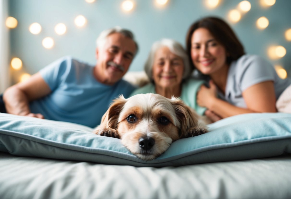 A small, elderly dog lying peacefully in a cozy bed surrounded by loved ones