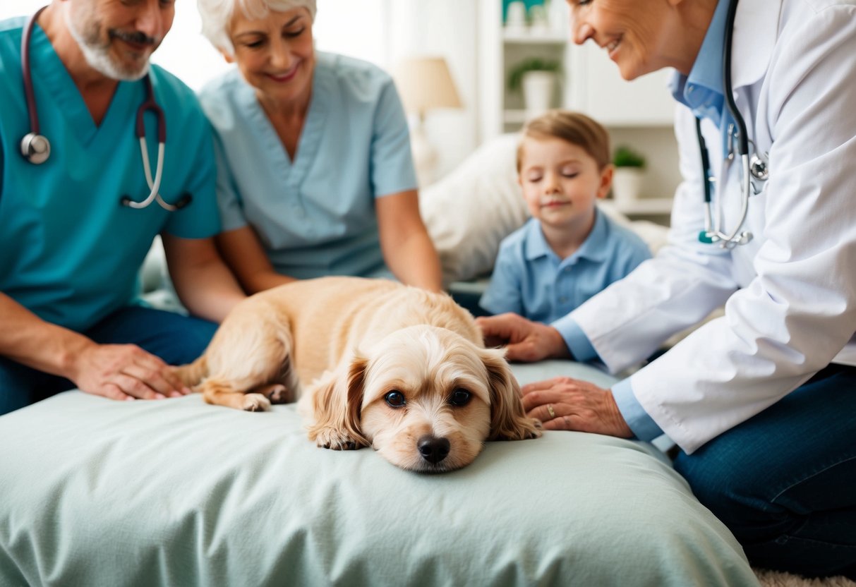 A small, elderly dog lying peacefully on a cozy bed, surrounded by family members and a veterinarian offering comfort and support