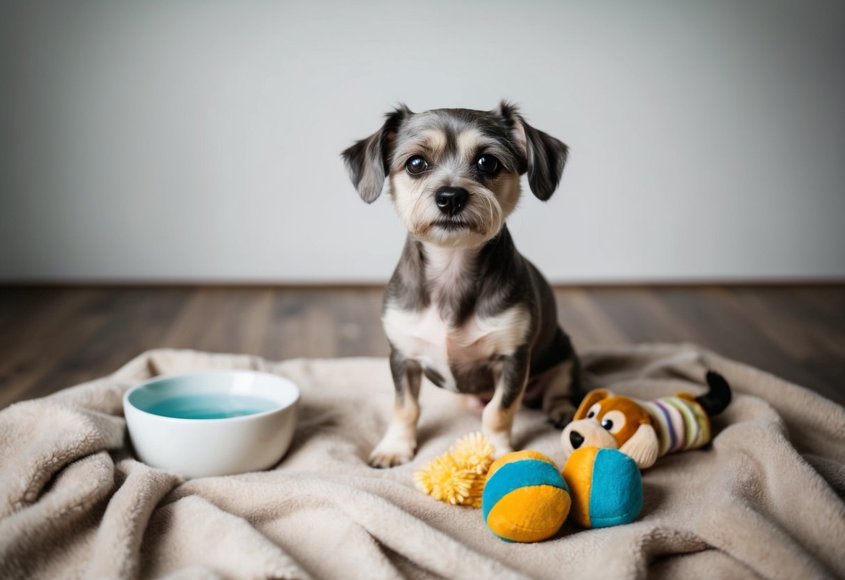 A small, elderly dog sitting on a soft blanket, surrounded by toys and a bowl of water. Its gray muzzle and cloudy eyes suggest advanced age