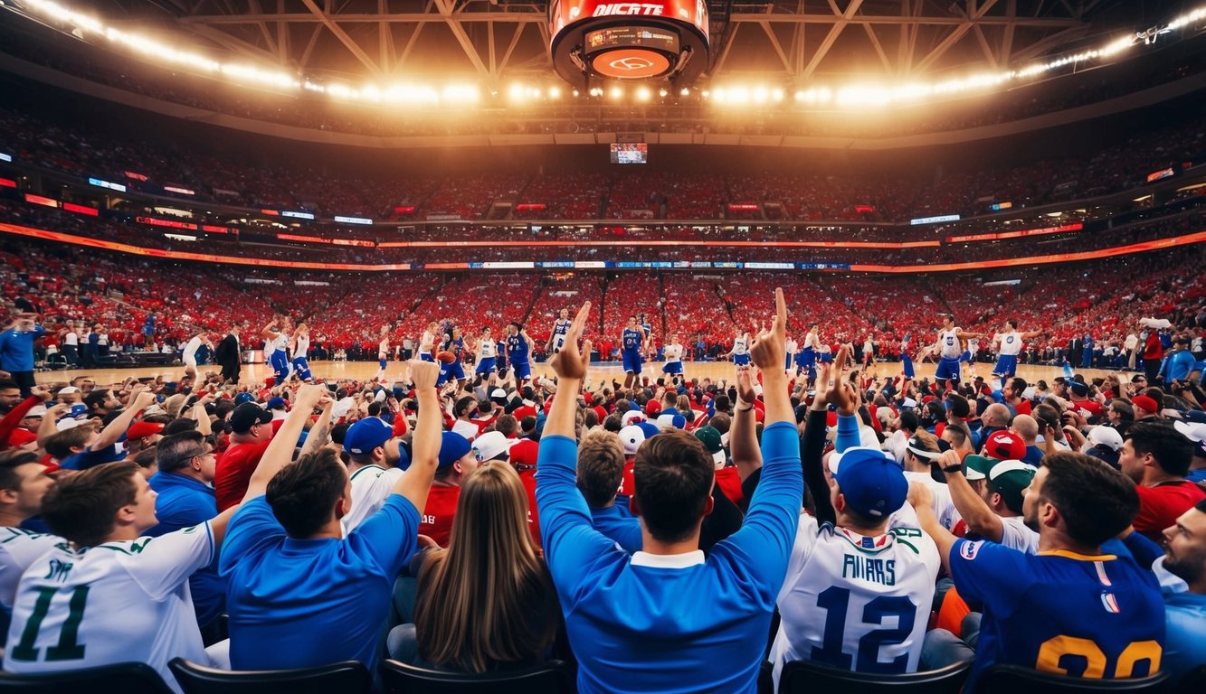 Sebuah arena olahraga yang ramai dengan penggemar yang bersorak dan pemain yang sedang beraksi