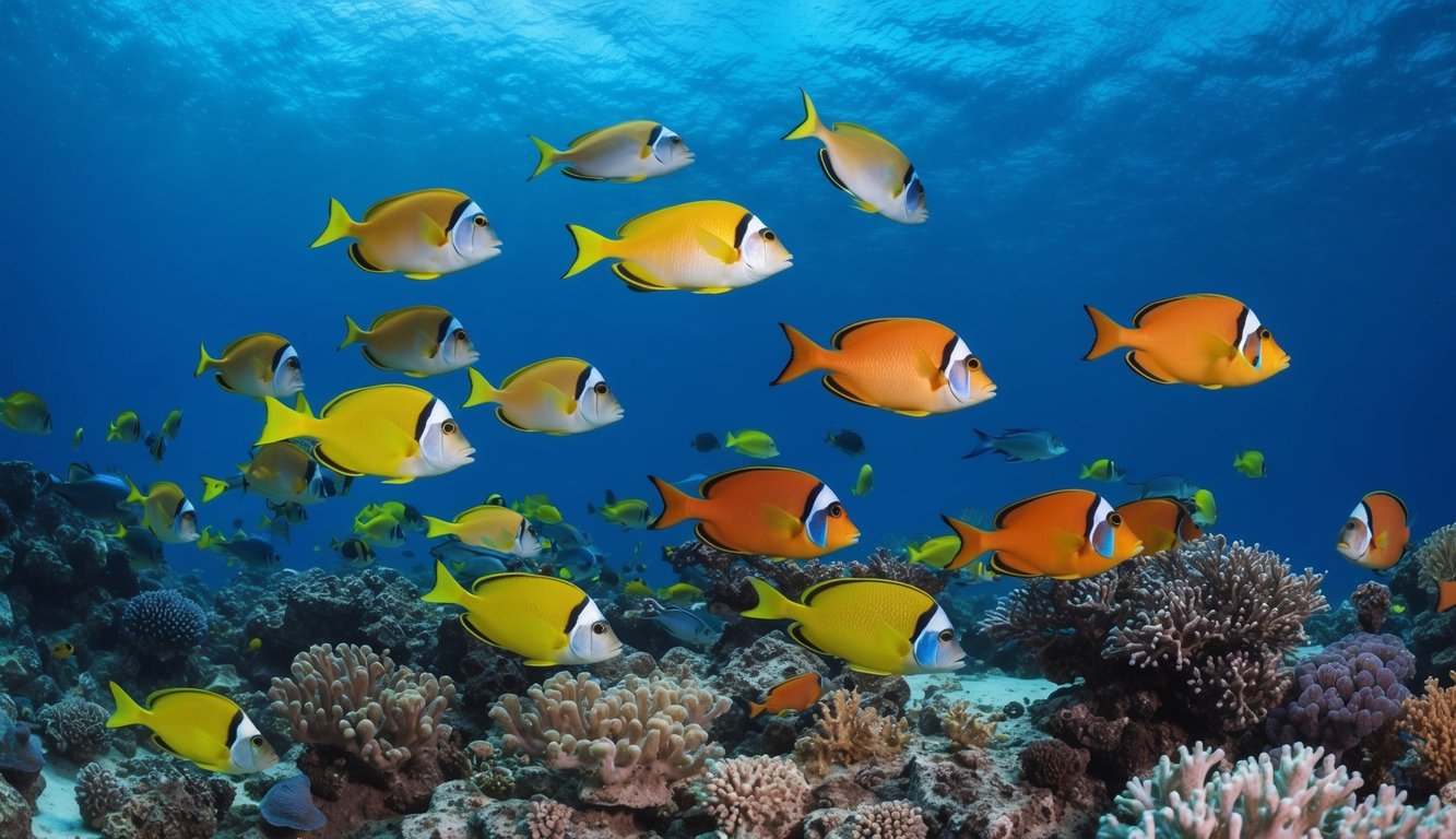 Sebuah pemandangan bawah laut yang tenang dengan ikan-ikan berwarna-warni yang berenang di sekitar terumbu karang, menciptakan suasana yang damai dan tenang.