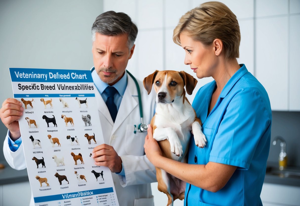 A veterinarian examining a chart of specific breed vulnerabilities, with a worried owner holding a dog of the most susceptible breed