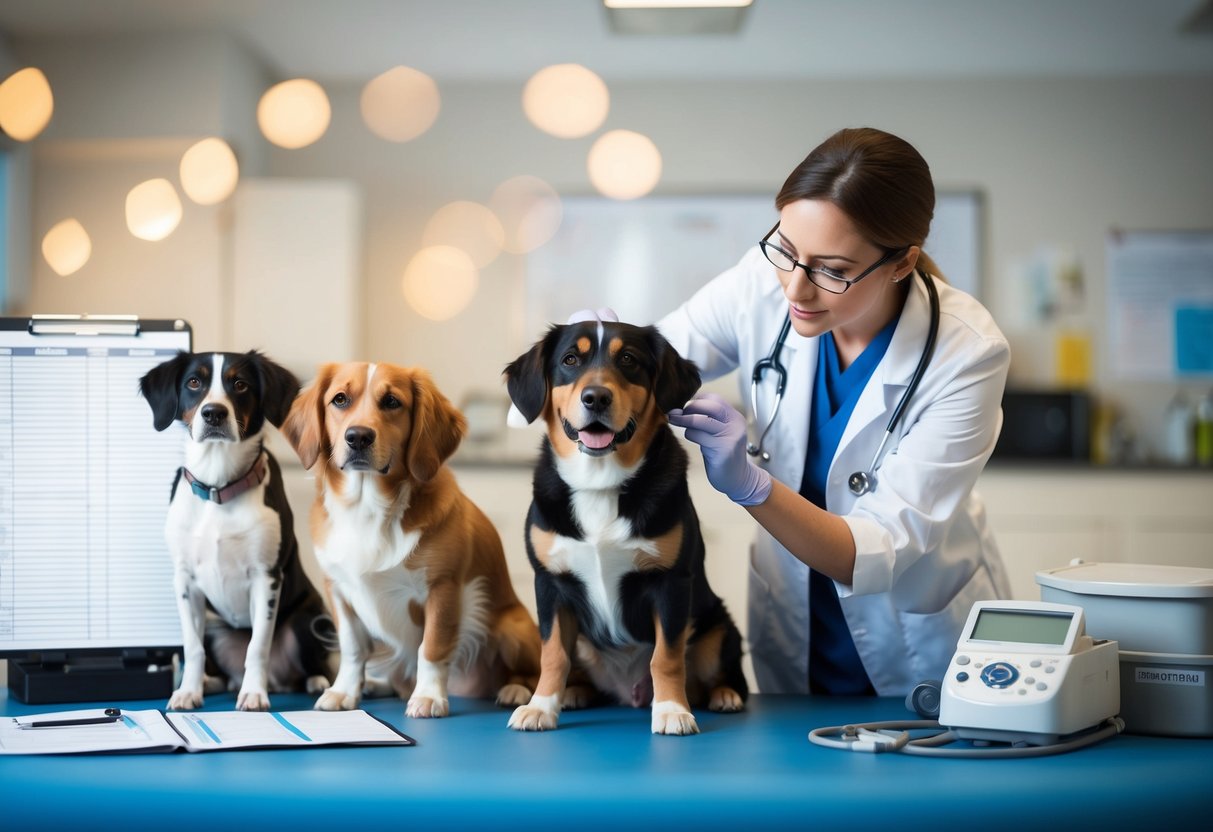A veterinarian examining a variety of dogs, with charts and medical equipment nearby