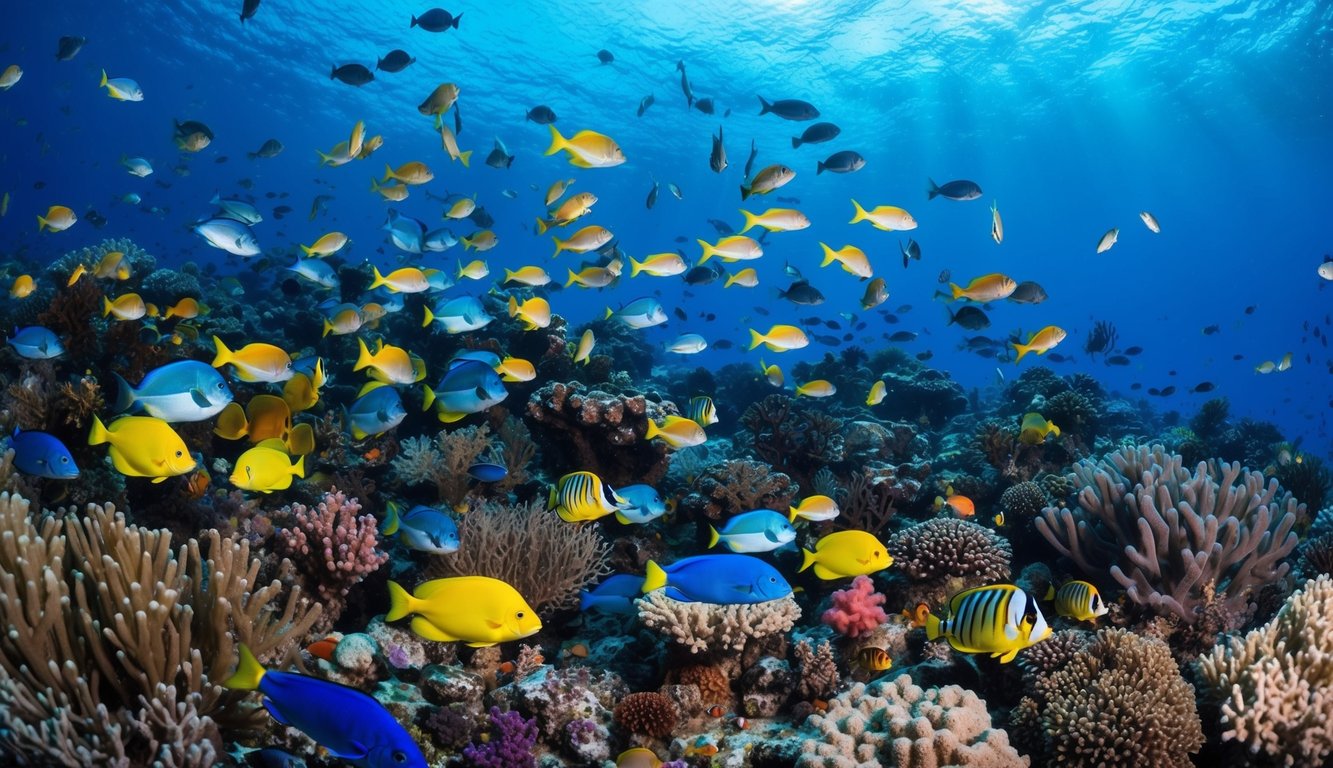 Sebuah dunia bawah laut yang ramai dengan ikan berwarna-warni, terumbu karang, dan berbagai makhluk laut yang berenang di sekitarnya