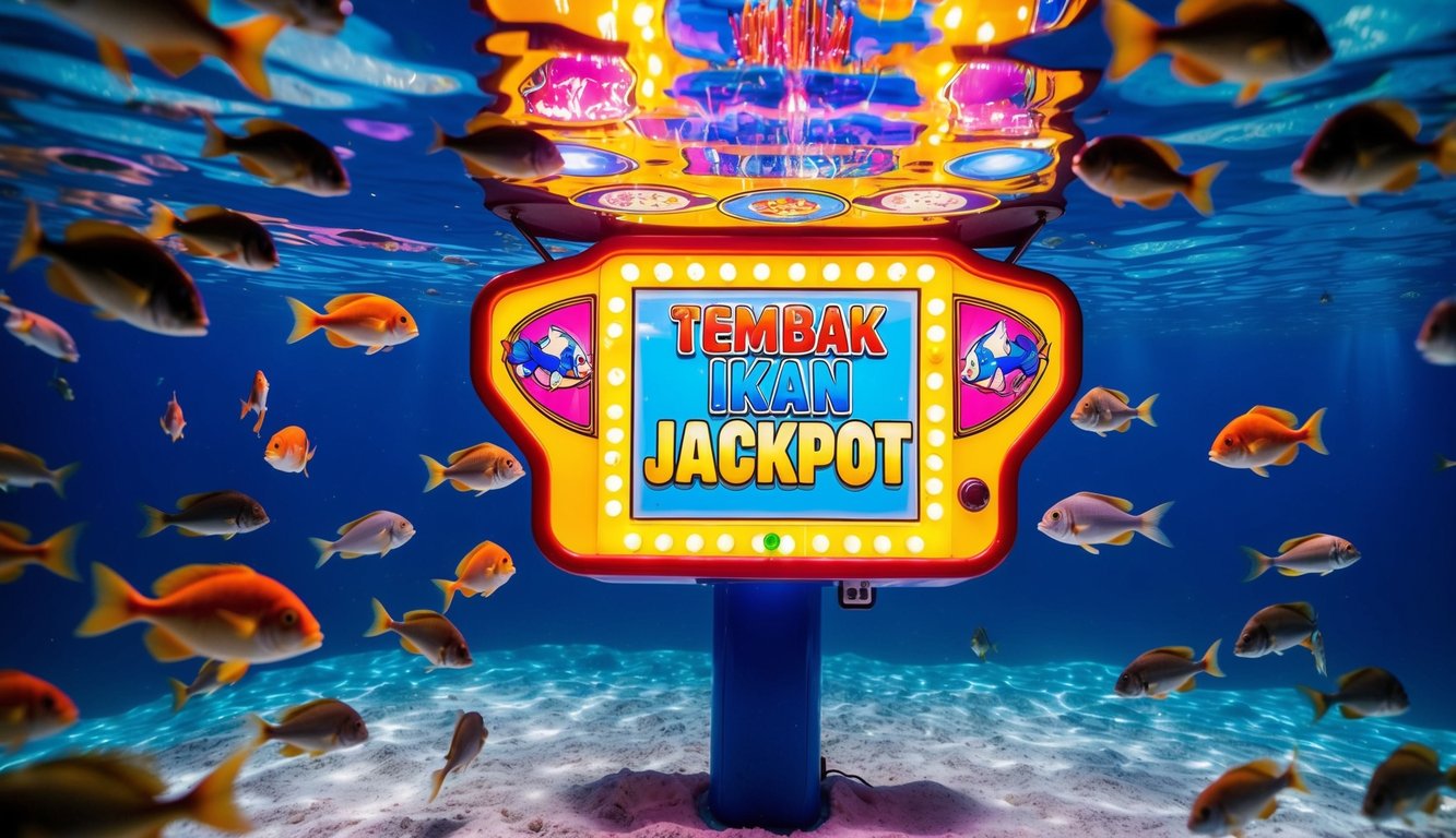 Dunia bawah laut yang berwarna-warni dengan berbagai ikan yang berenang di sekitar permainan arcade "Tembak Ikan Jackpot" yang bersinar