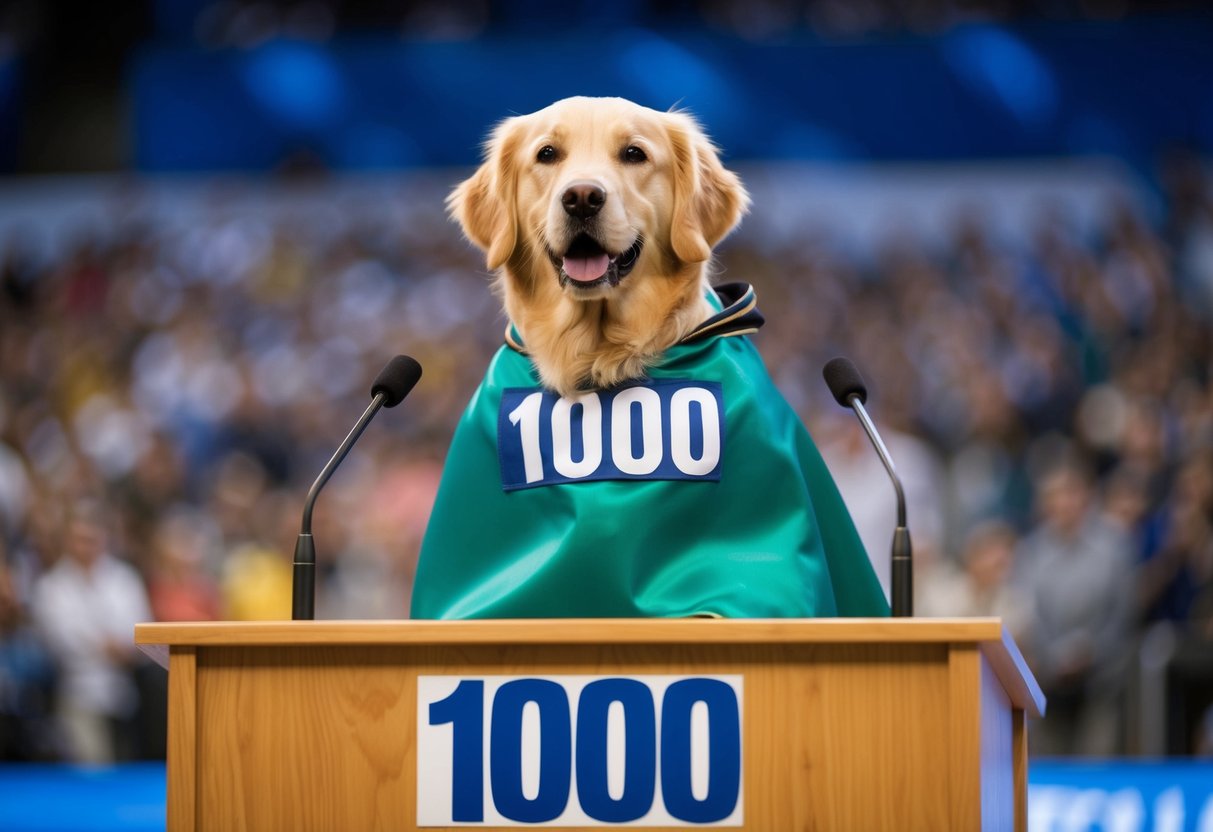 A golden retriever wearing a cape with the number 1000 on it, standing proudly on a podium