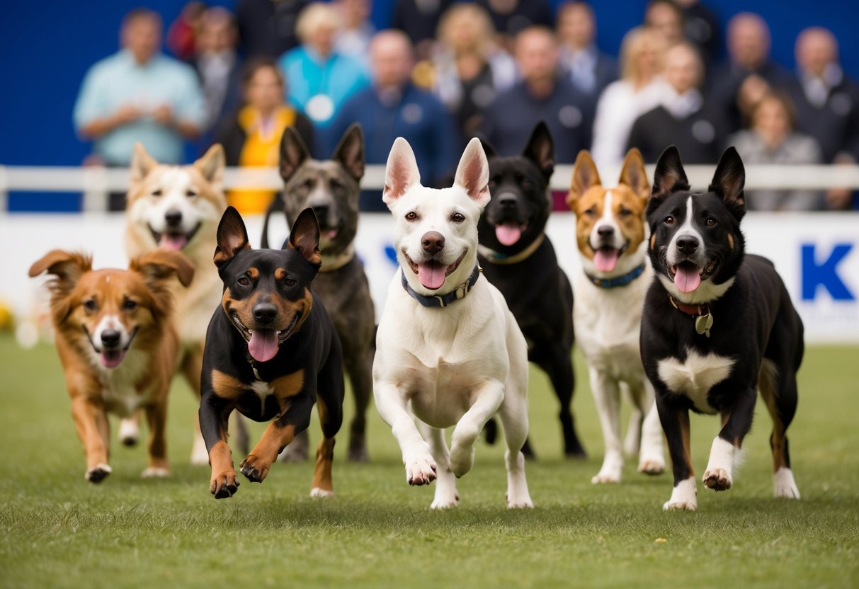 A group of diverse dog breeds showcasing their unique abilities in a competition setting