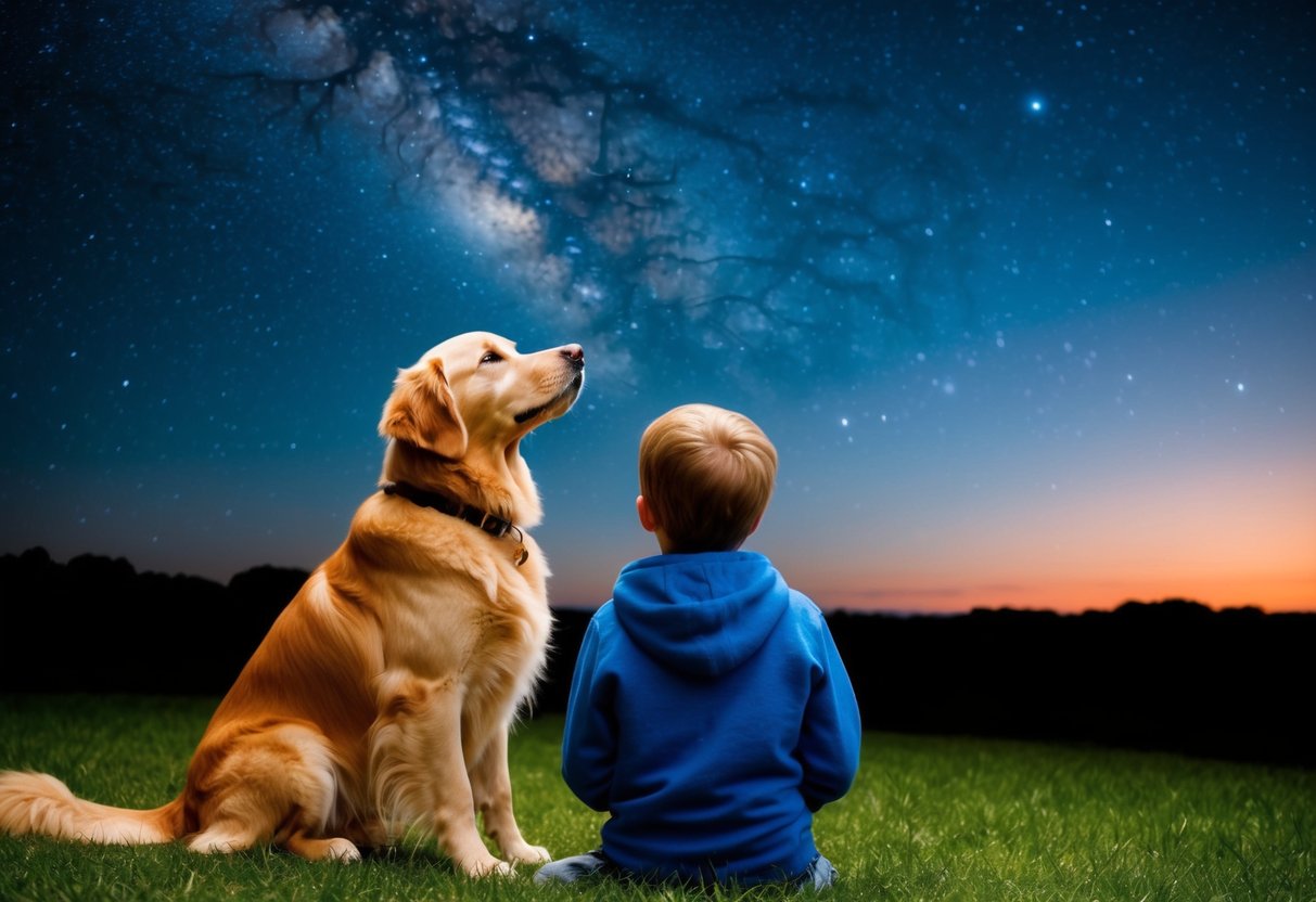 A golden retriever sitting next to a child, both looking up at the night sky filled with stars