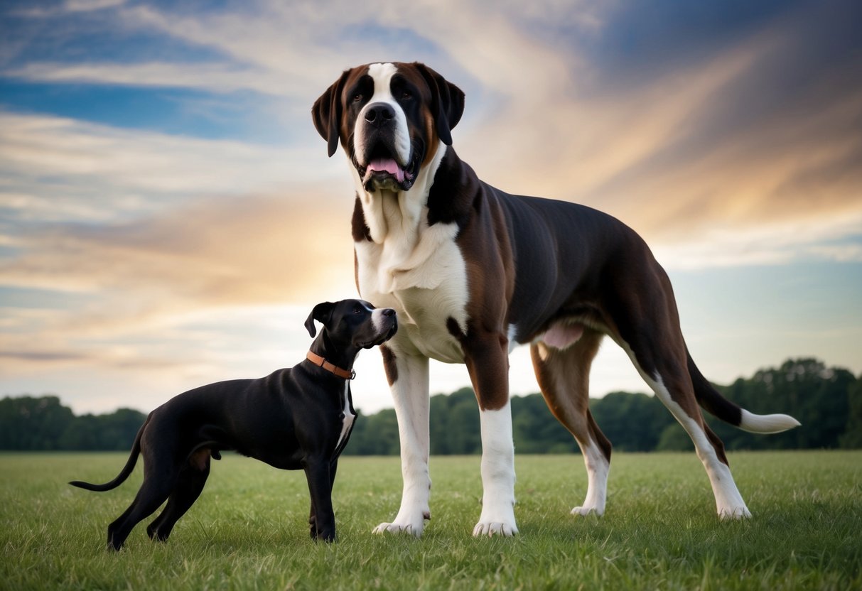 A massive Saint Bernard stands towering over a Great Dane, showcasing its larger size