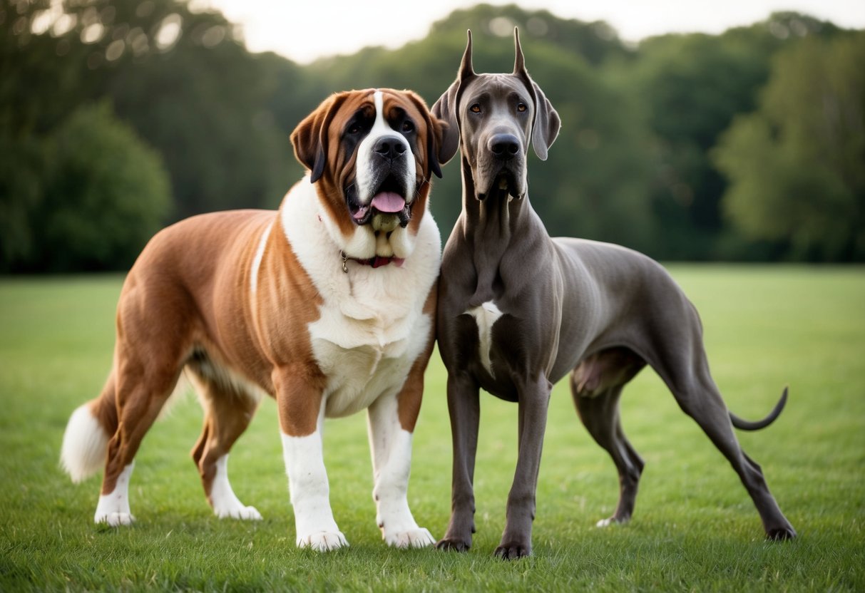 A massive St. Bernard stands beside a towering Great Dane, showcasing its larger size