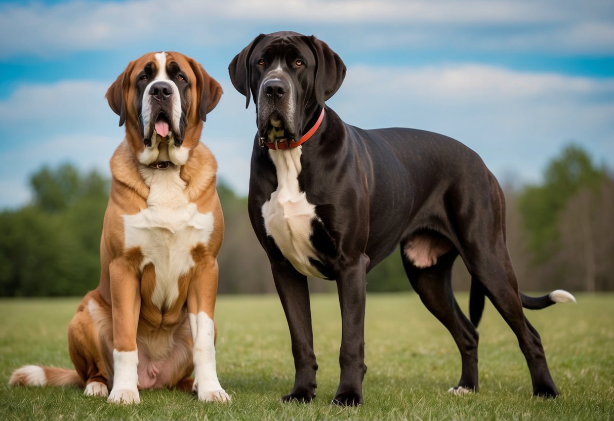 A massive Saint Bernard stands beside a towering Great Dane, showcasing the size comparison between the two giant dog breeds