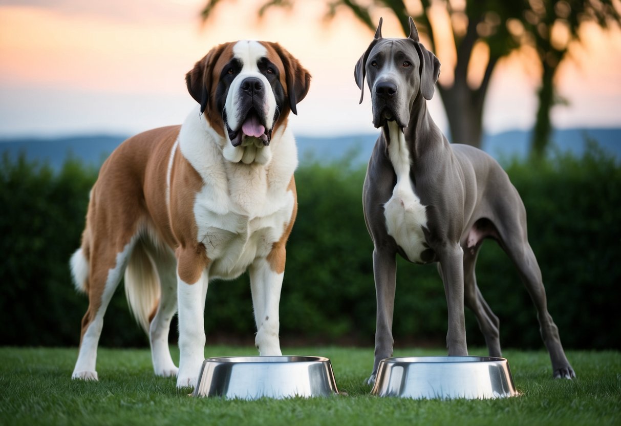 A towering Saint Bernard stands next to a Great Dane, emphasizing its larger size. Both dogs are surrounded by oversized food and water dishes