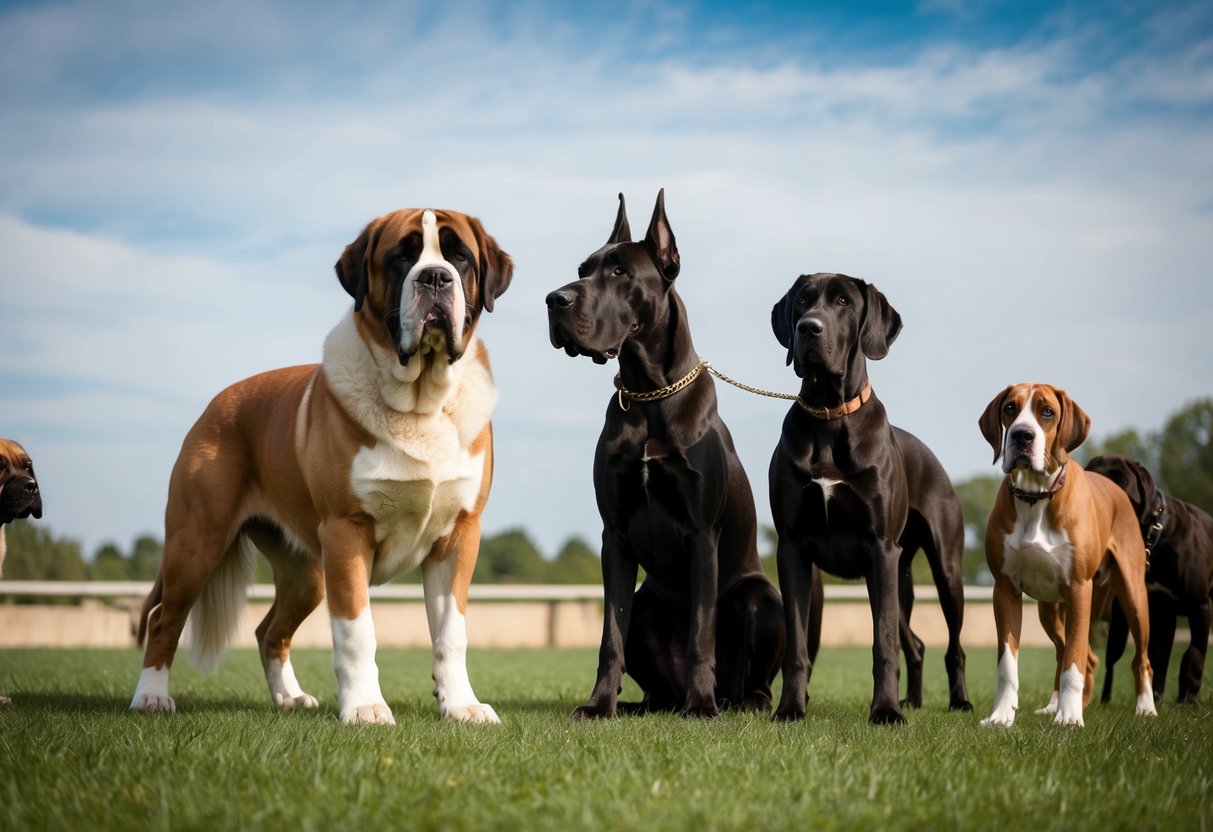 A massive Saint Bernard stands next to a towering Great Dane, both participating in a group training session with other large dog breeds