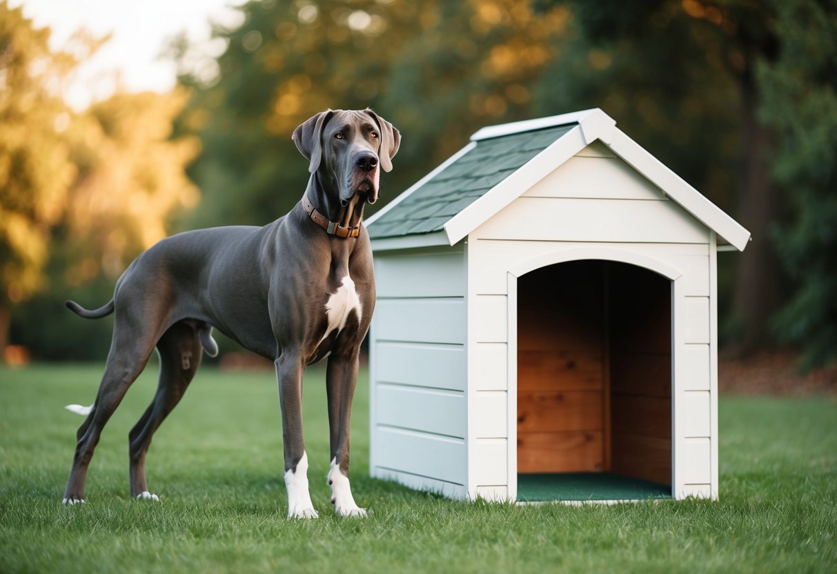 A Great Dane standing tall next to a human-sized dog house