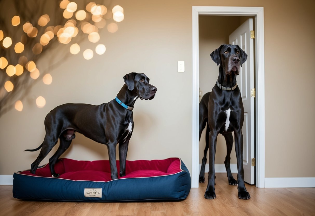 A Great Dane standing tall next to a large dog bed, towering over a standard door frame