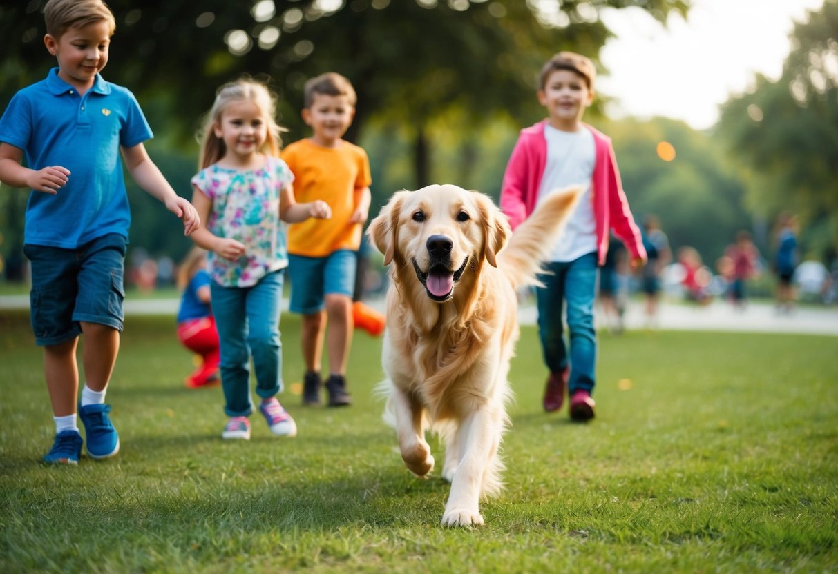 A golden retriever wagging its tail among children at a park