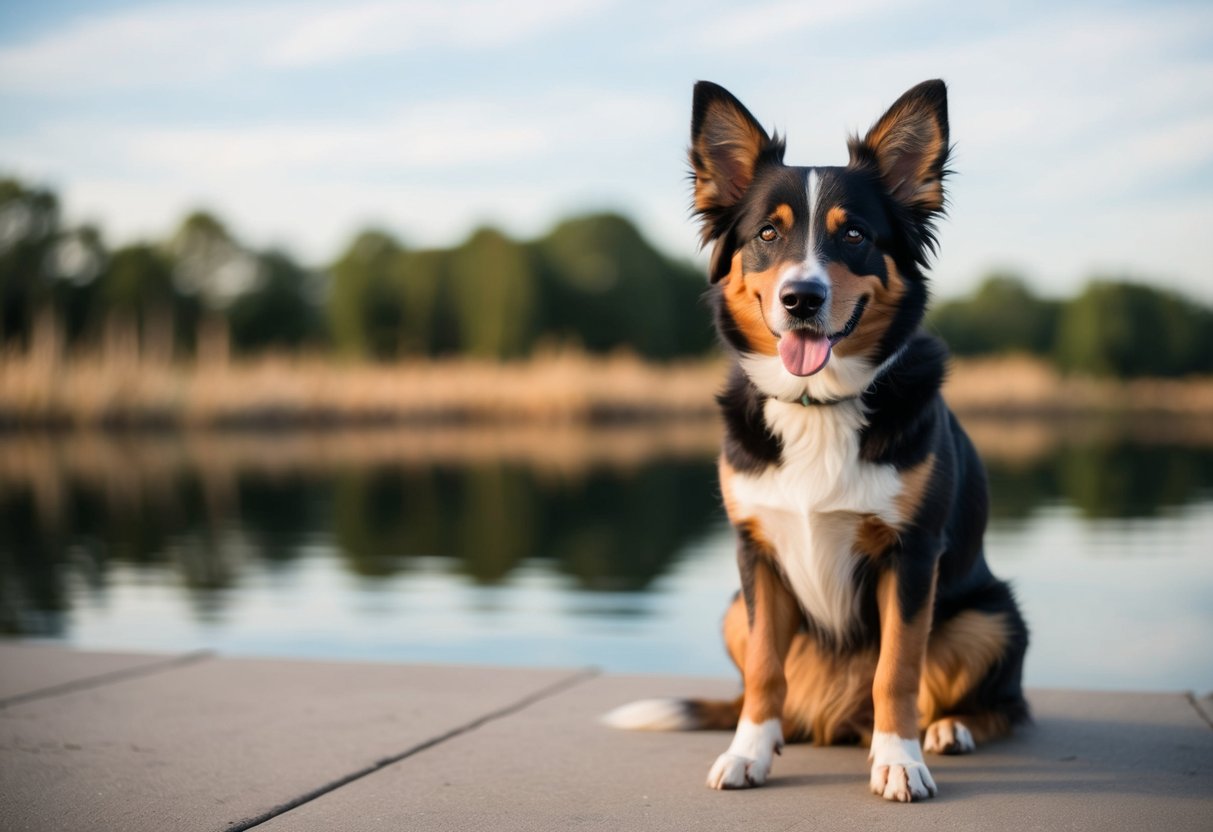 A calm, relaxed dog sitting with ears up, tail wagging, and a gentle expression