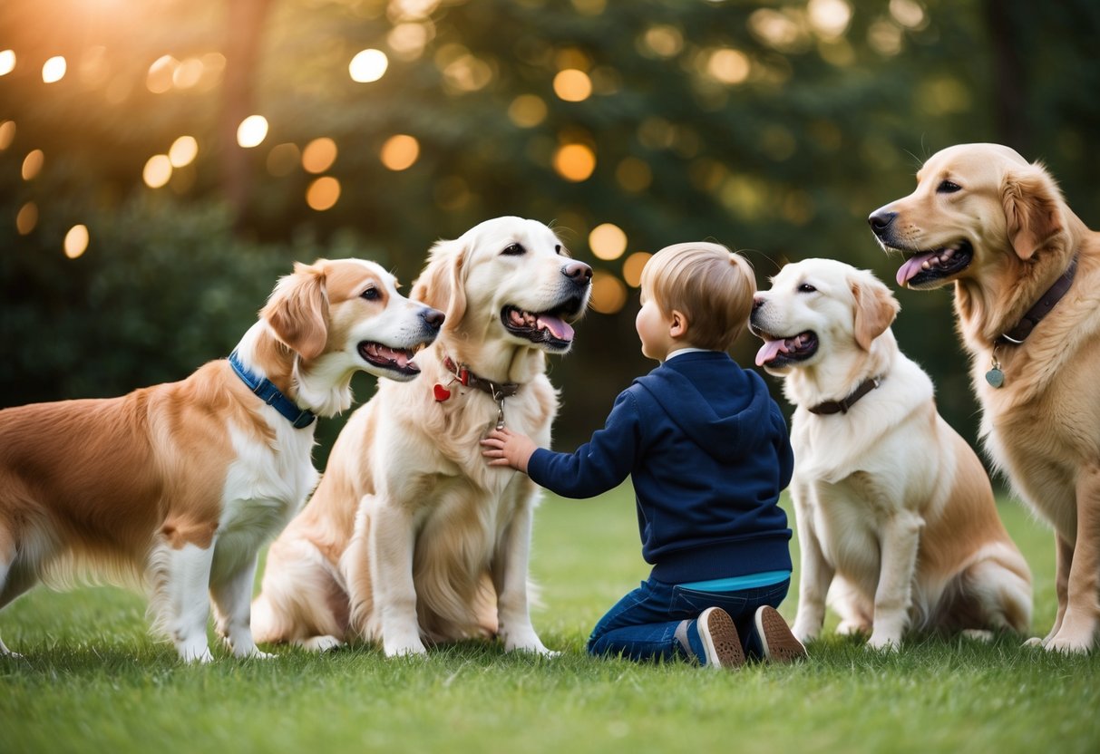 A golden retriever playing with a child, surrounded by other friendly dog breeds
