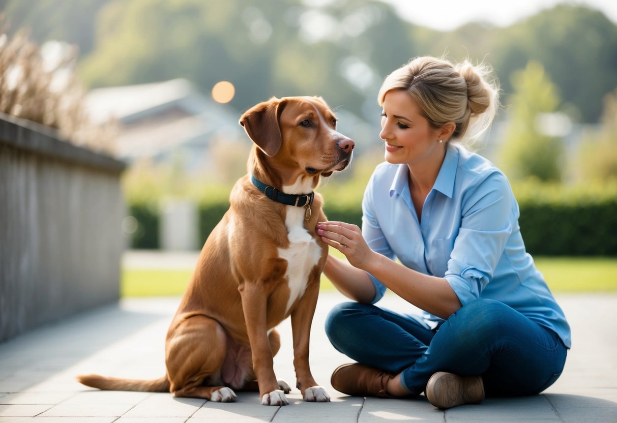 A calm, well-trained dog sitting obediently with a caring owner providing positive reinforcement and gentle care