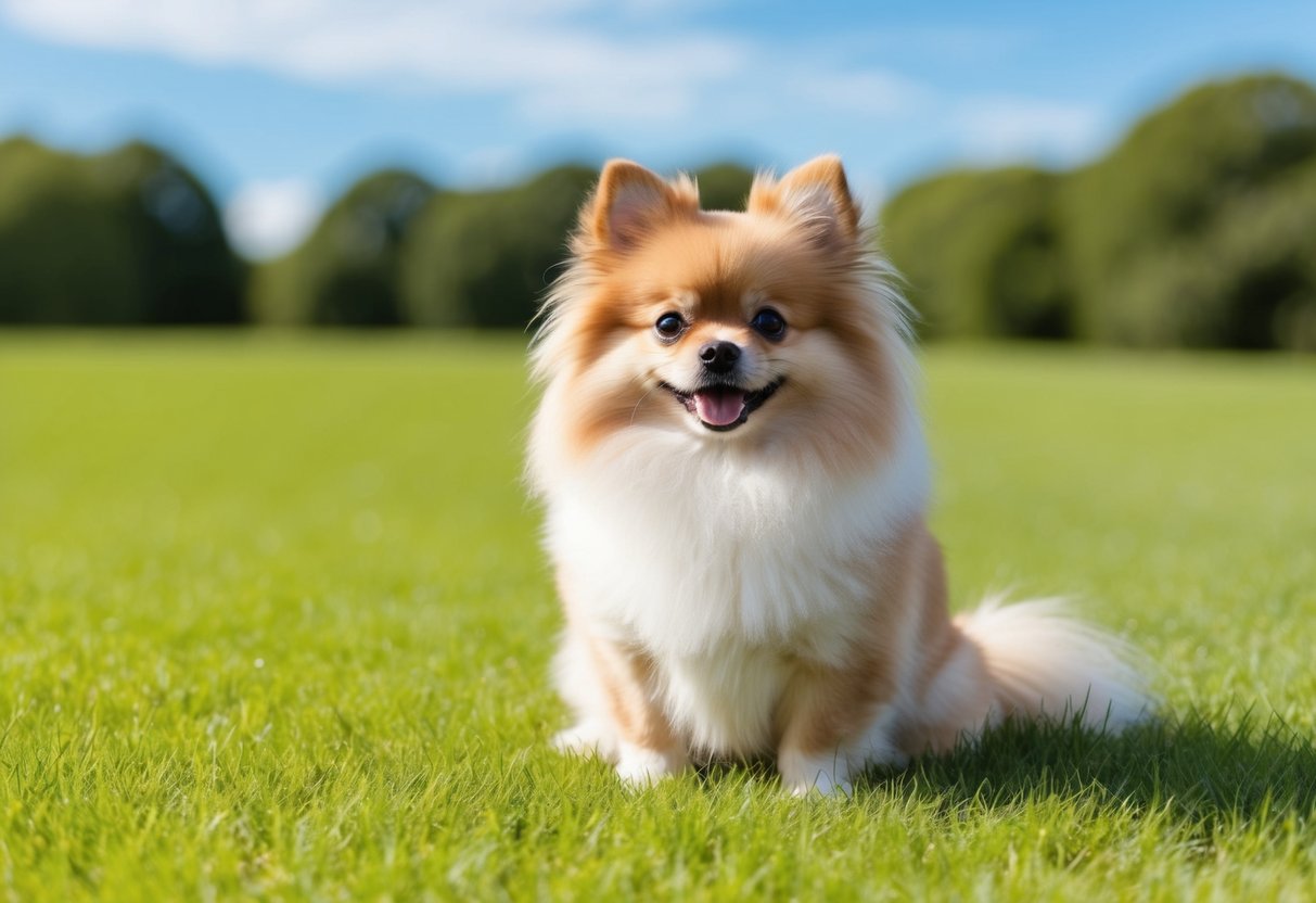 A small, fluffy Pomeranian dog sitting on a soft, green grass field with a bright blue sky in the background