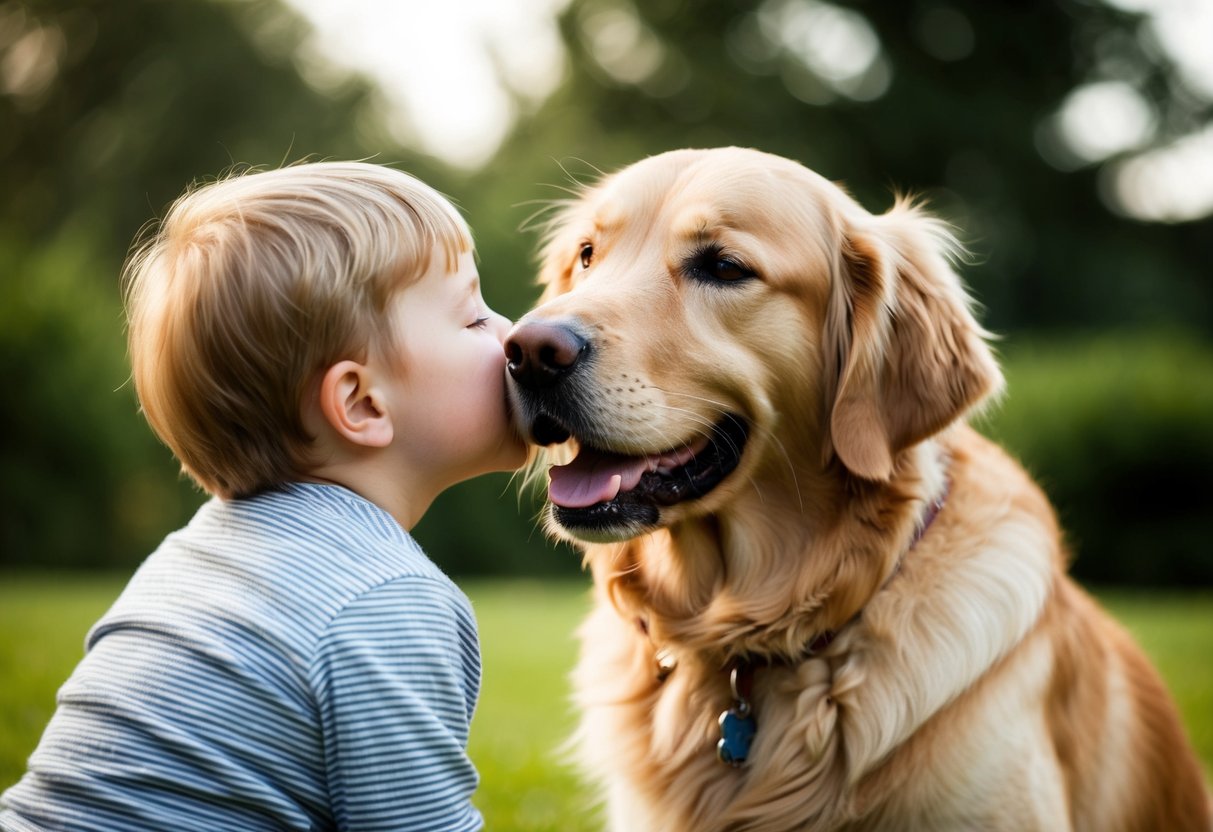A golden retriever nuzzling a child's cheek with a wagging tail