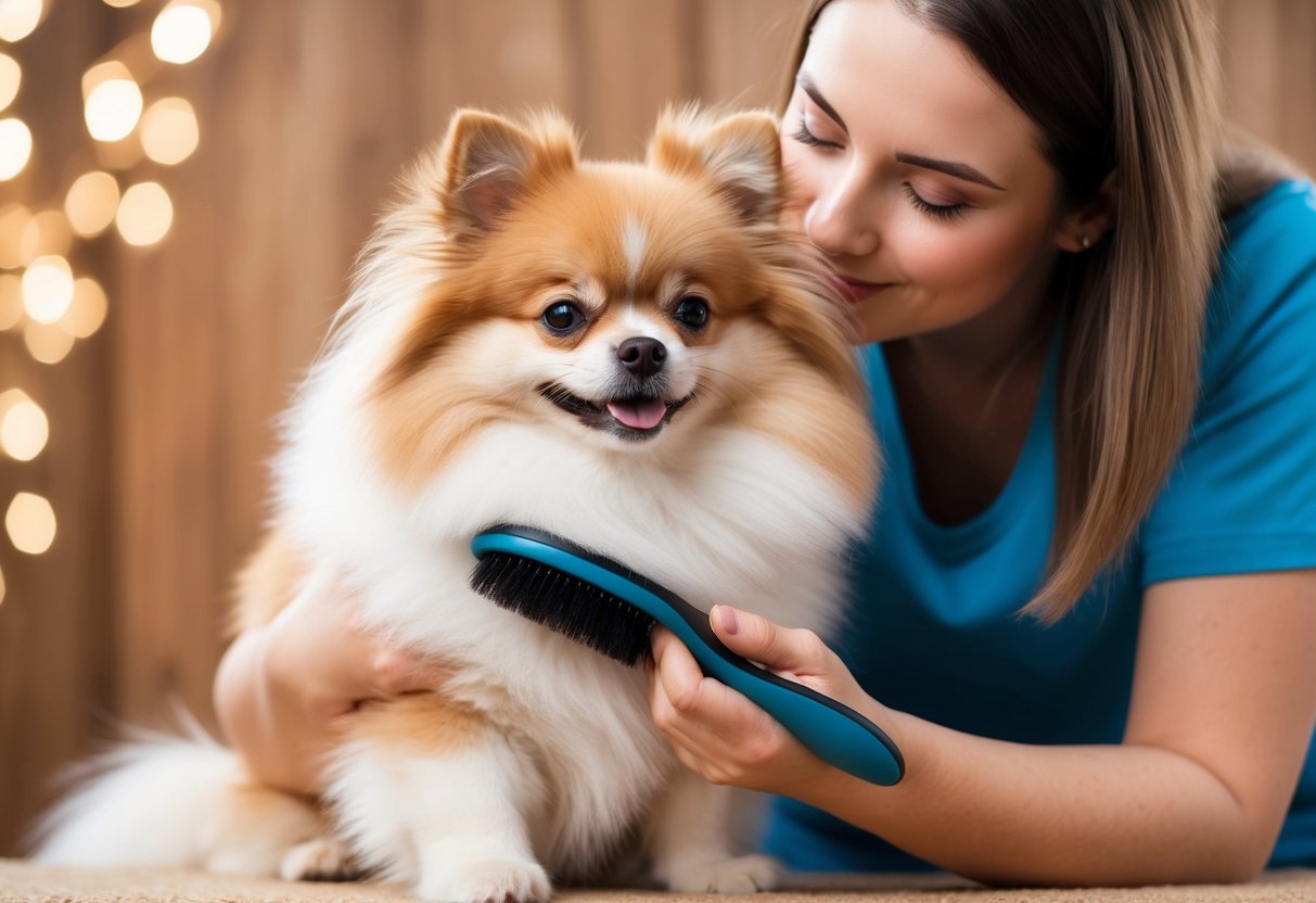 A small, fluffy Pomeranian dog being brushed and cuddled by its owner