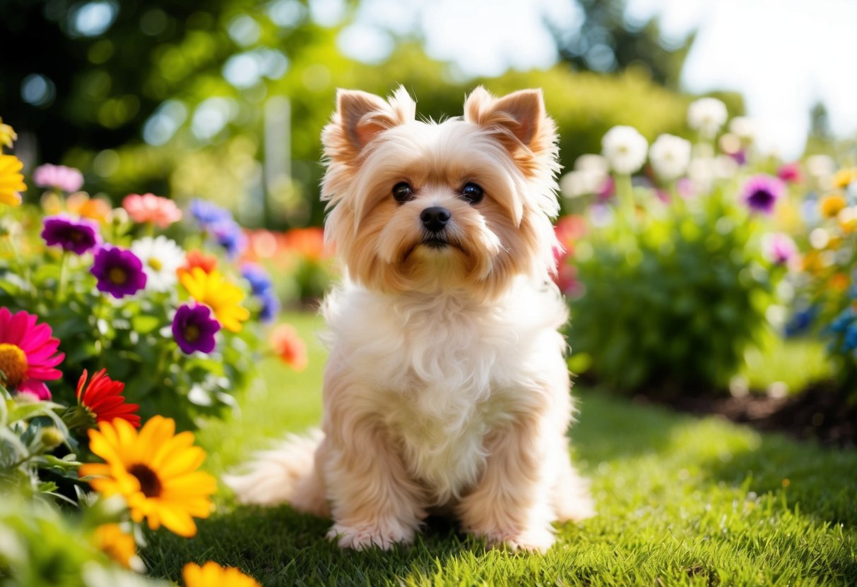 A fluffy, small dog sits among colorful flowers in a sunny garden