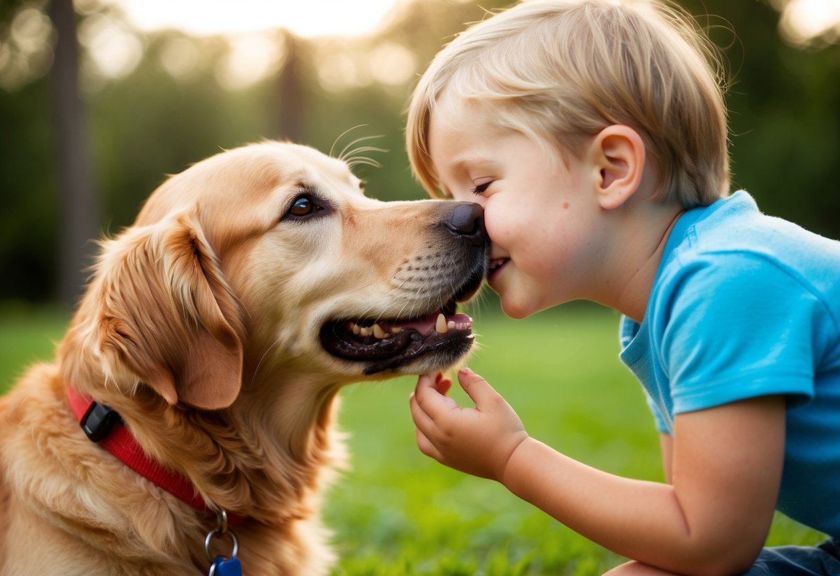 A golden retriever nuzzling a child's cheek with a wagging tail and adoring eyes