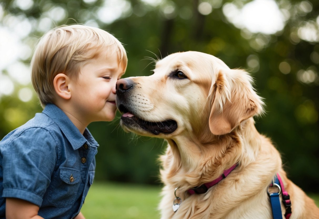 A golden retriever nuzzling a child's face with a gentle expression
