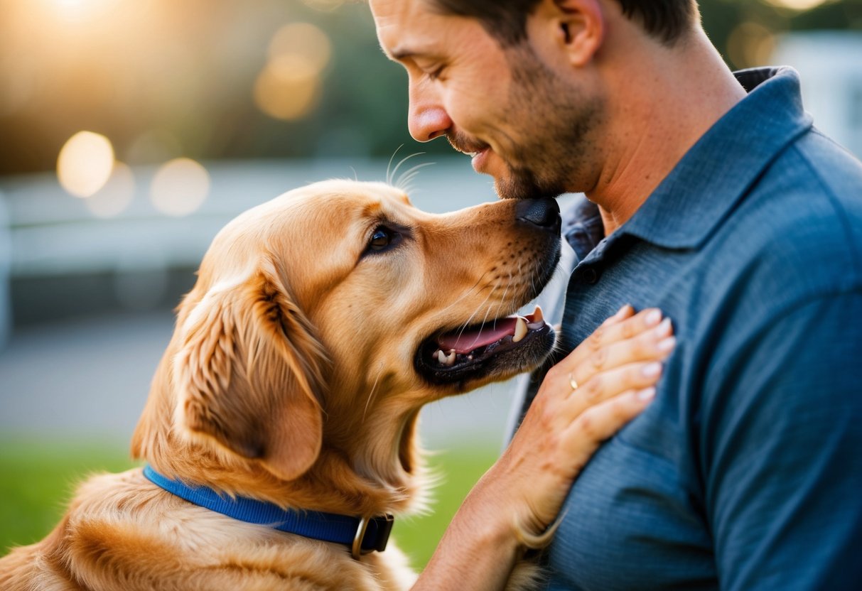 A golden retriever nuzzling its head against the chest of its owner, wagging its tail and looking up with adoring eyes