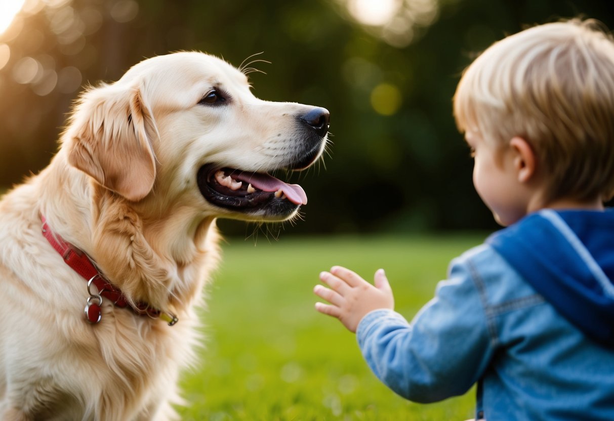A golden retriever wagging its tail, approaching a child with a gentle expression