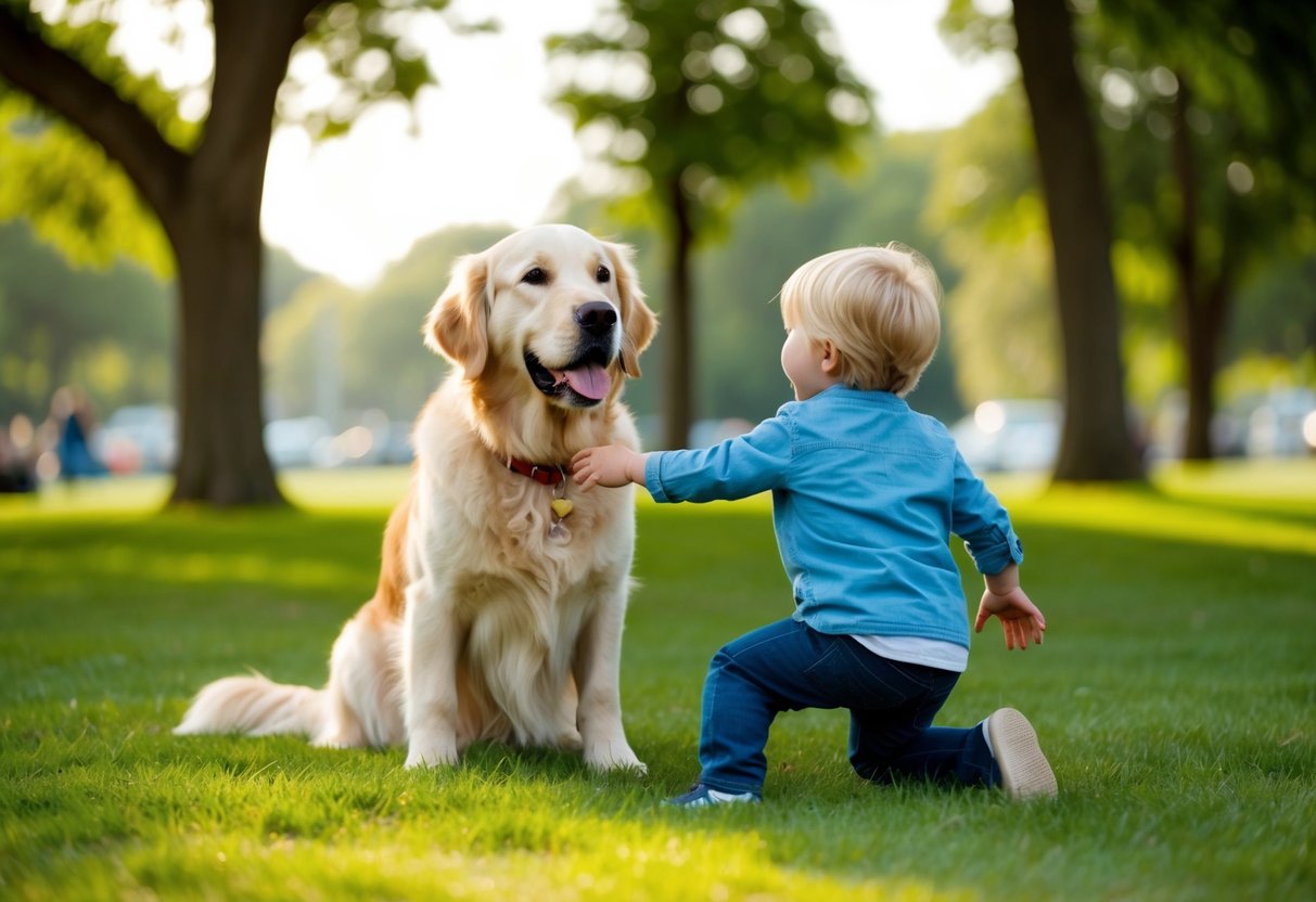 A calm and friendly Golden Retriever playing with a child in a park