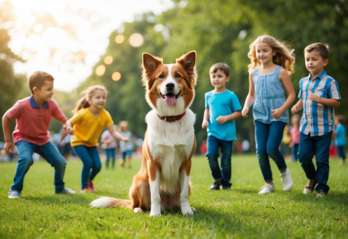 A calm and friendly dog breed sitting peacefully among a group of children playing in a park