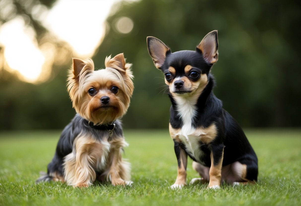 A Chihuahua sitting next to a Yorkie, looking smaller