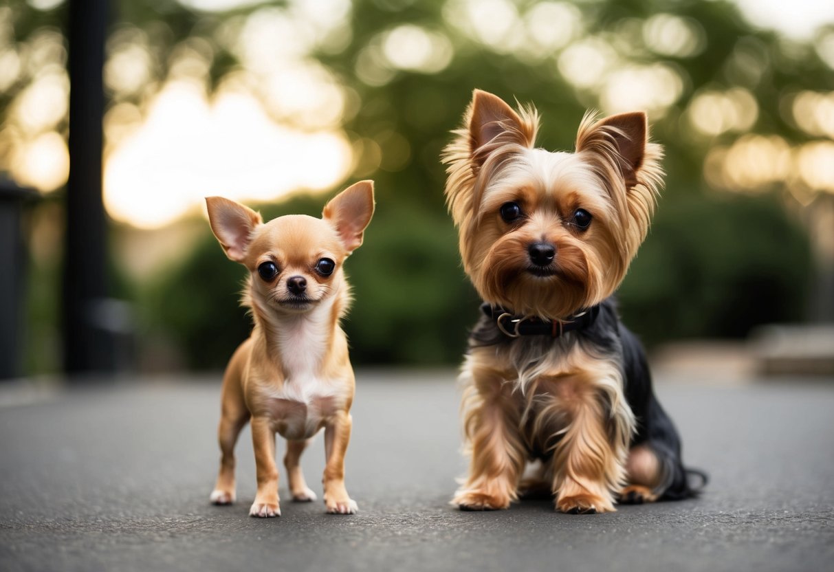 A tiny Chihuahua standing next to a Yorkie, highlighting the size difference