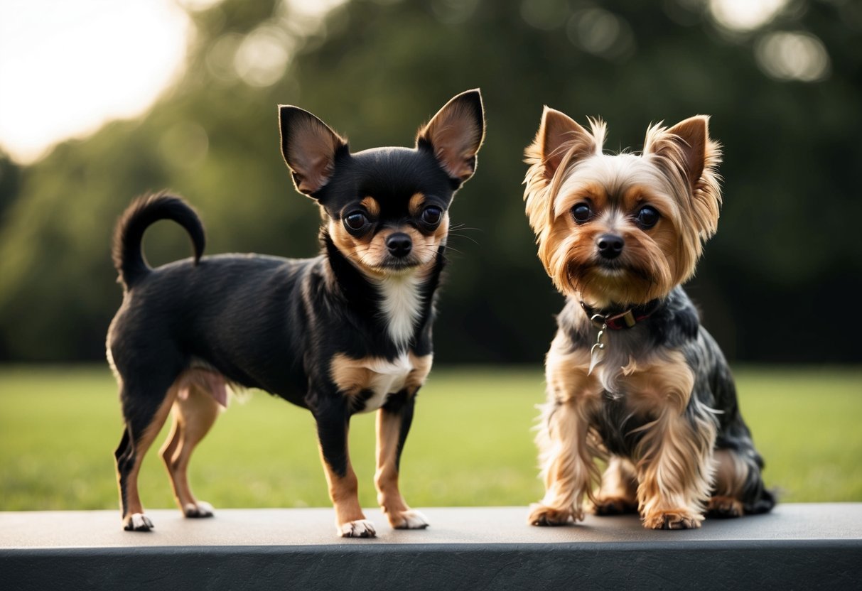 A Chihuahua standing next to a Yorkie, showcasing its smaller size