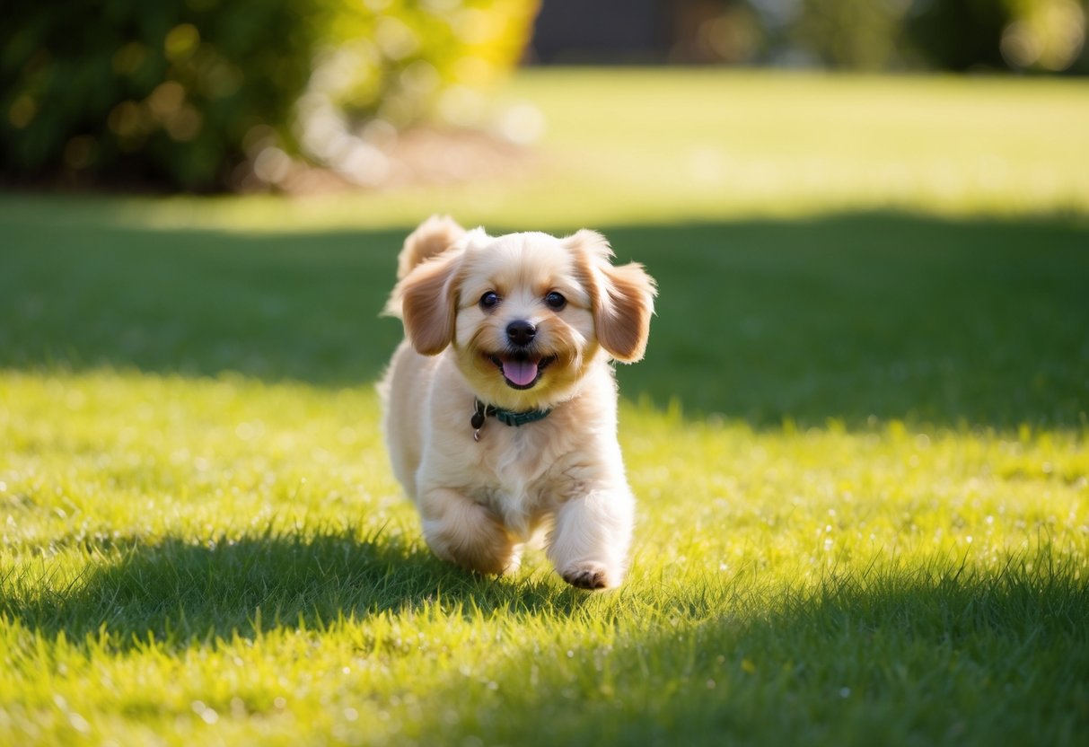 A small, fluffy dog resembling a golden retriever plays in a sunlit, grassy backyard
