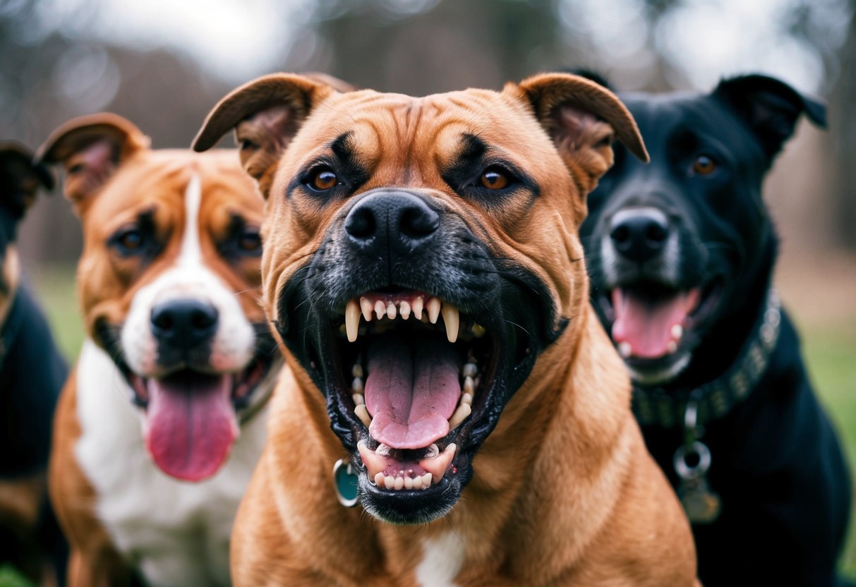 A snarling dog of various breeds, including pit bulls and German shepherds, showing teeth and aggressive body language
